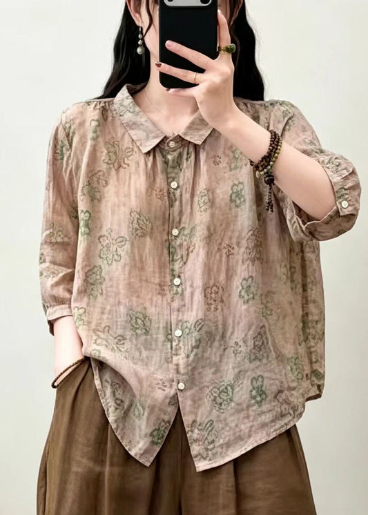 Art Khaki Oversized Print Linen Loose Shirts Summer