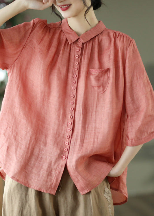 Camisa de lino con botones y cuello Peter Pan color caqui Art de verano