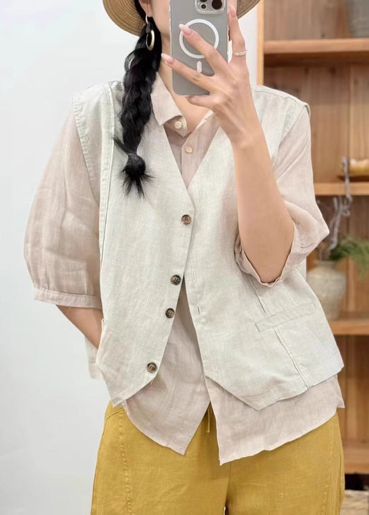 Art Khaki V Neck Button Pockets Linen Waistcoat Sleeveless