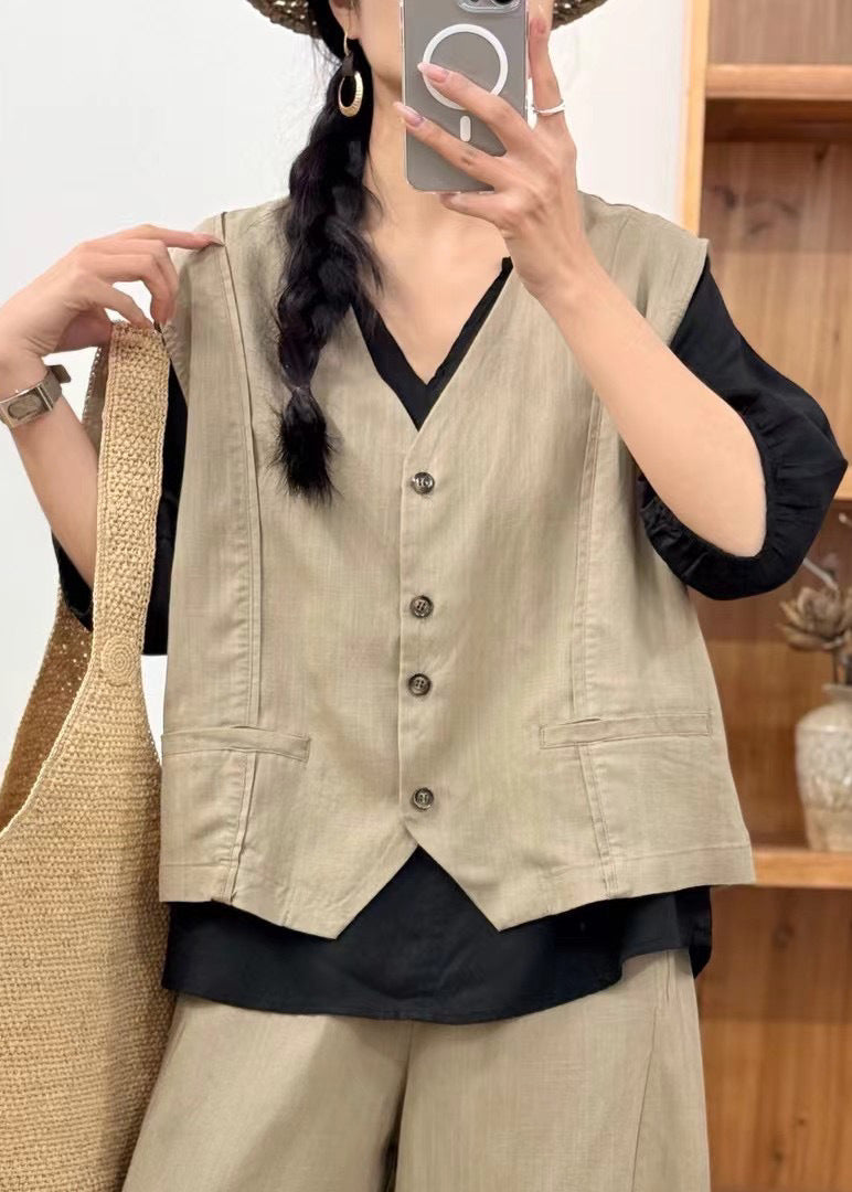 Art Khaki V Neck Button Pockets Linen Waistcoat Sleeveless