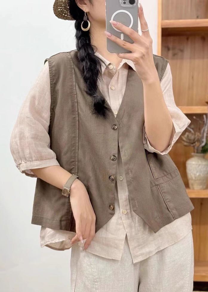 Art Khaki V Neck Button Pockets Linen Waistcoat Sleeveless