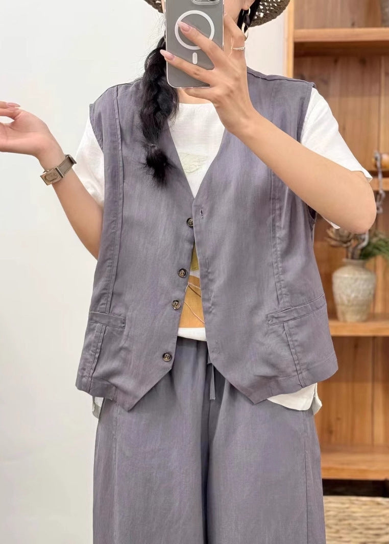 Art Khaki V Neck Button Pockets Linen Waistcoat Sleeveless