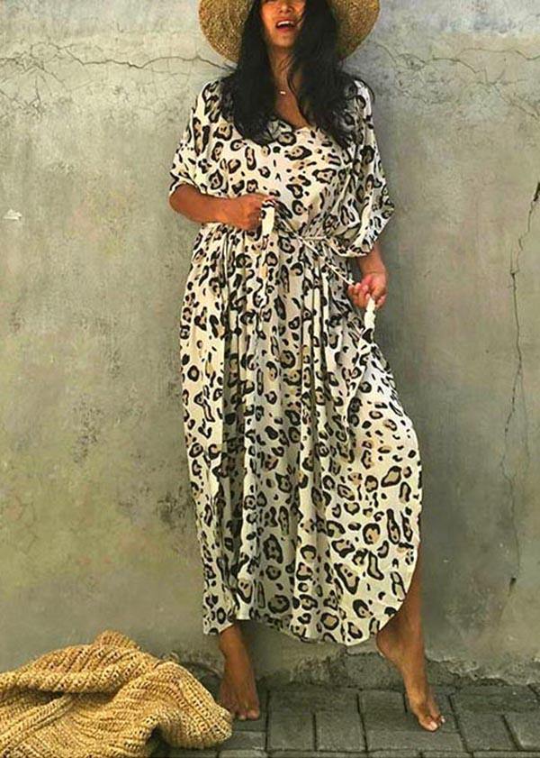 Art Leopard tie waist Cotton Dress Summer Beach Gown - SooLinen