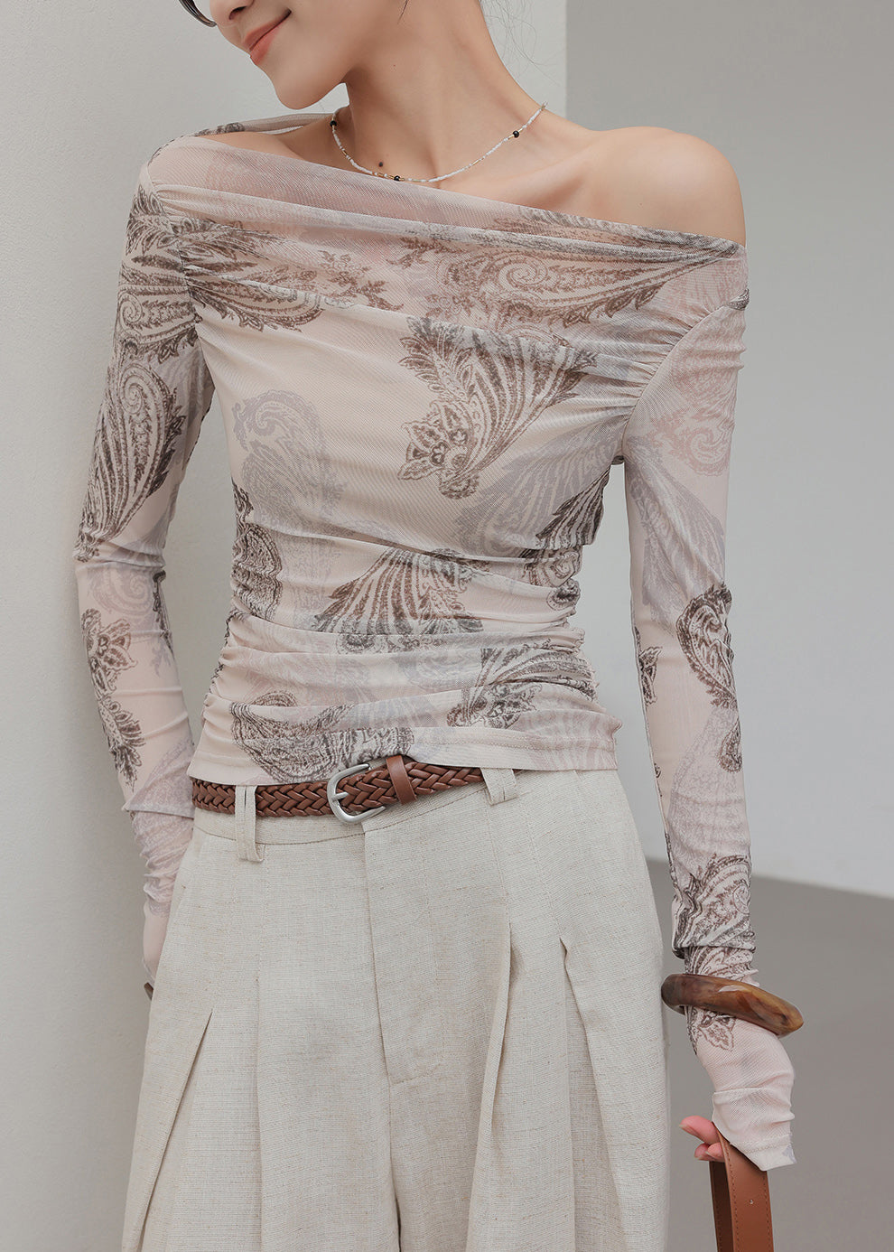 Art Light Grey Cold Shoulder Print Tulle Shirt Tops Spring