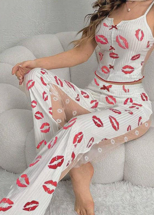 Art Light Purple Print Tulle Patchwork Vest And Trousers Two-Piece Set Sleeveless