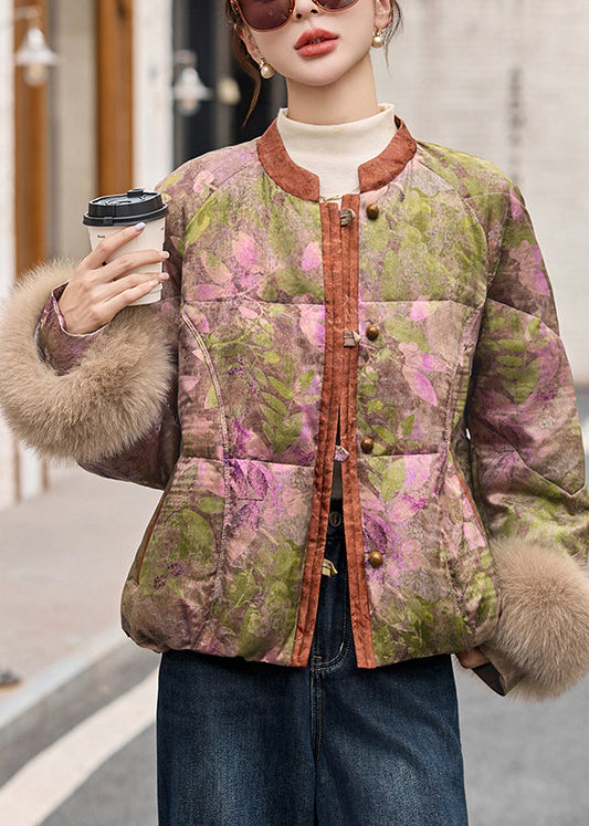 Abrigo de invierno con plumón de pato y piel de zorro con estampado de cuello mandarín