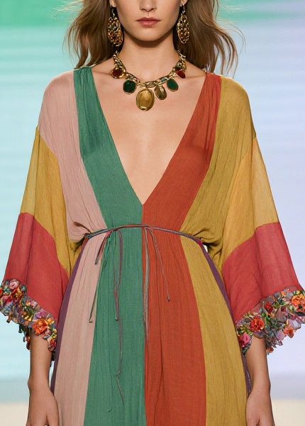 Art Multicolored Striped Oversized Patchwork Lace Holiday Dress Summer