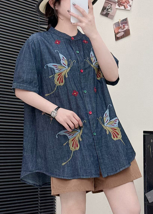 Art Navy Embroidered Butterfly Denim Shirts Summer