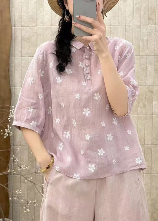 Art Navy Flower Embroidered Linen Pants Half Sleeve