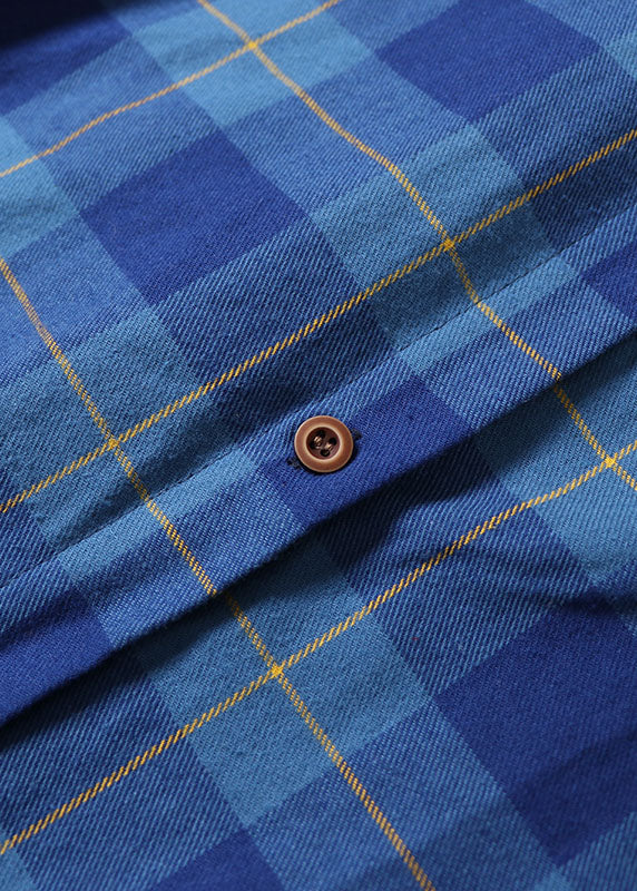 Art Navy Plaid Button Cotton Dress Long Sleeve