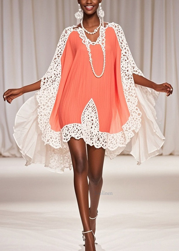 Art Orange Hollow Out Chiffon Patchwork Dresses Half Sleeve