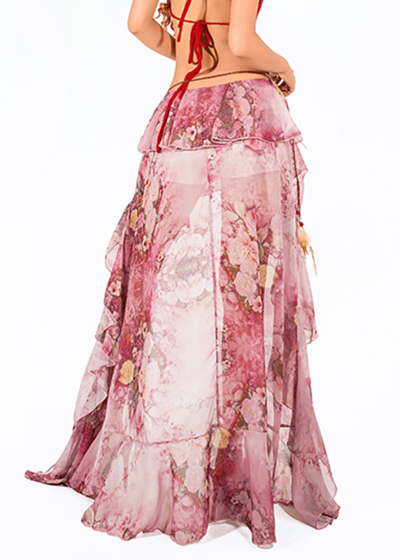 Art Pink Asymmetrical Print Ruffled Tulle Maxi Skirt