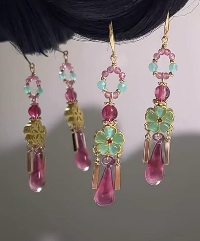 Art Pink Copper Overgild Water Droplet Tassel Drop Earrings