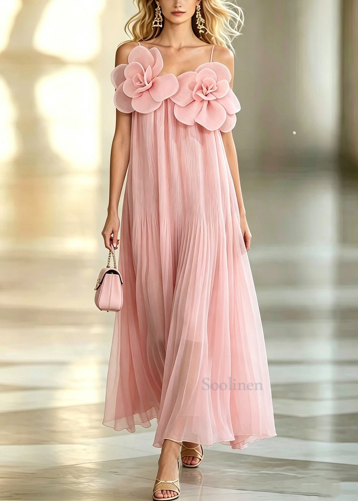 Art Pink Oversized Floral Chiffon Pleated Holiday Dress Summer