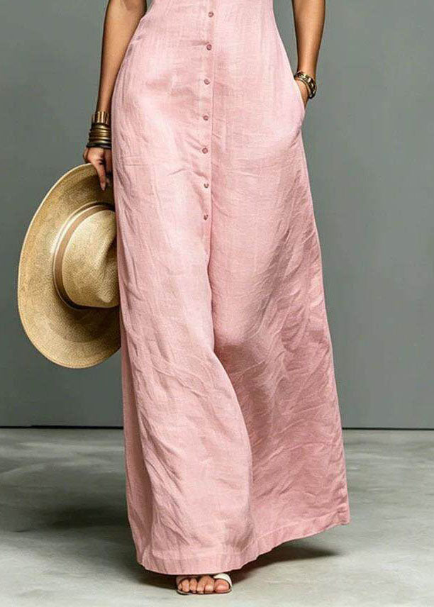Art Pink Stand Collar Single Breasted Cotton Long Dress Sleeveless