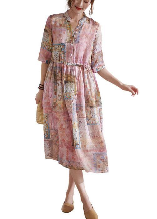 Art Pink Tie Waist Button Print Summer Ramie Vacation Dresses Half Sleeve - SooLinen