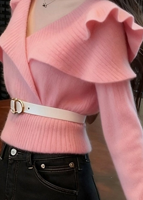 Suéter de punto liso con volantes y cuello en V de color rosa Art Primavera