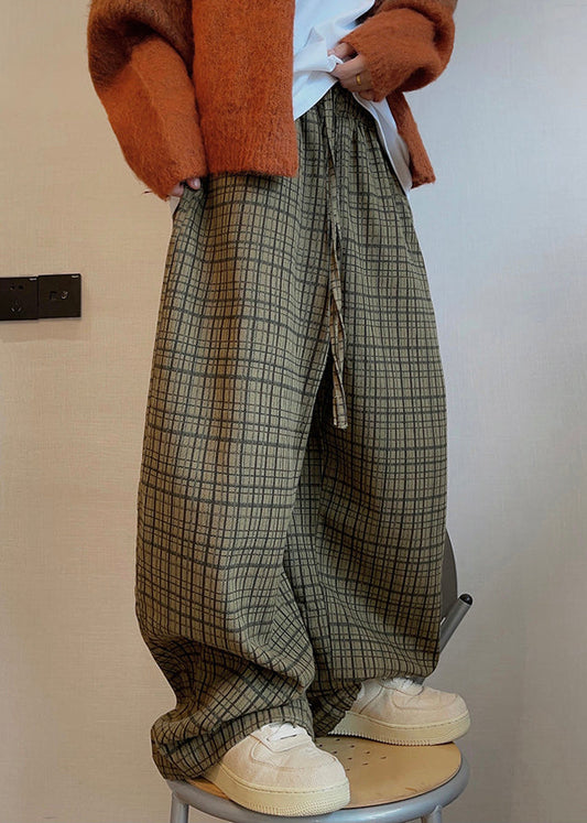 Art Plaid Pockets Drawstring Cotton Men Wide Leg Pants Fall