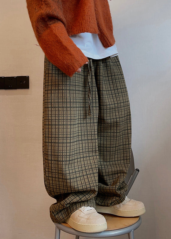 Art Plaid Pockets Drawstring Cotton Men Wide Leg Pants Fall