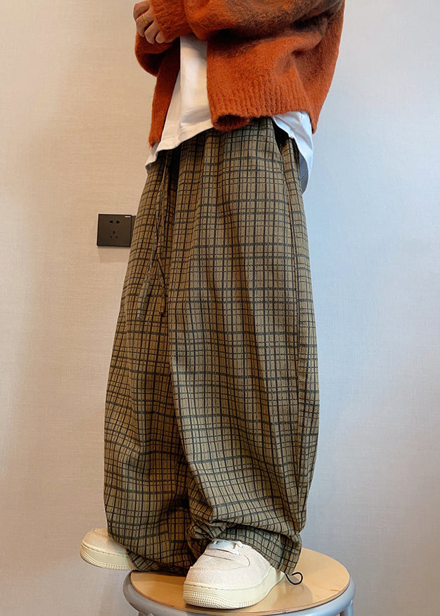 Art Plaid Pockets Drawstring Cotton Men Wide Leg Pants Fall