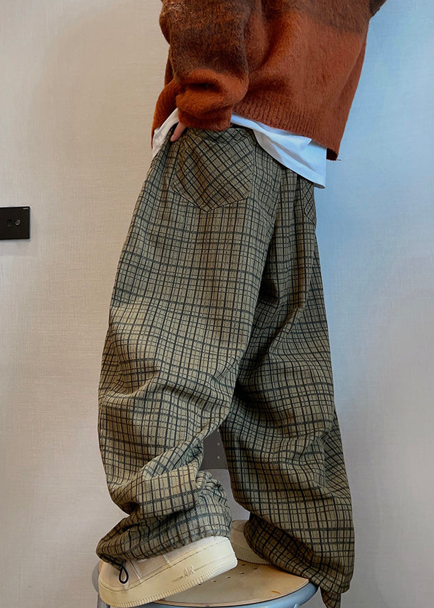 Art Plaid Pockets Drawstring Cotton Men Wide Leg Pants Fall