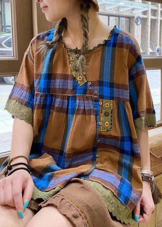 Art Lila Rüschen Plaid Baumwolle Blusen Kurzarm