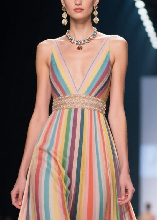 Art Rainbow Striped Flower Decorated Chiffon Evening Dress Summer