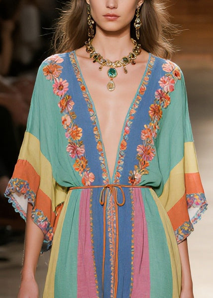 Art Rainbow V Neck Striped Cotton Maxi Dresses Summer