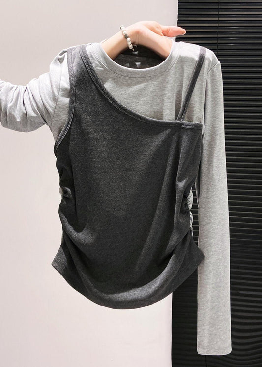 Art Red Asymmetrical Patchwork Cotton Fake Two Piece Blouses Fall