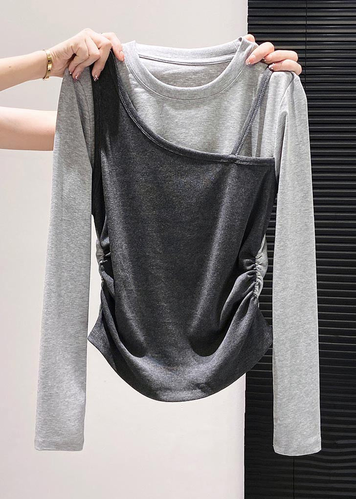 Art Red Asymmetrical Patchwork Cotton Fake Two Piece Blouses Fall