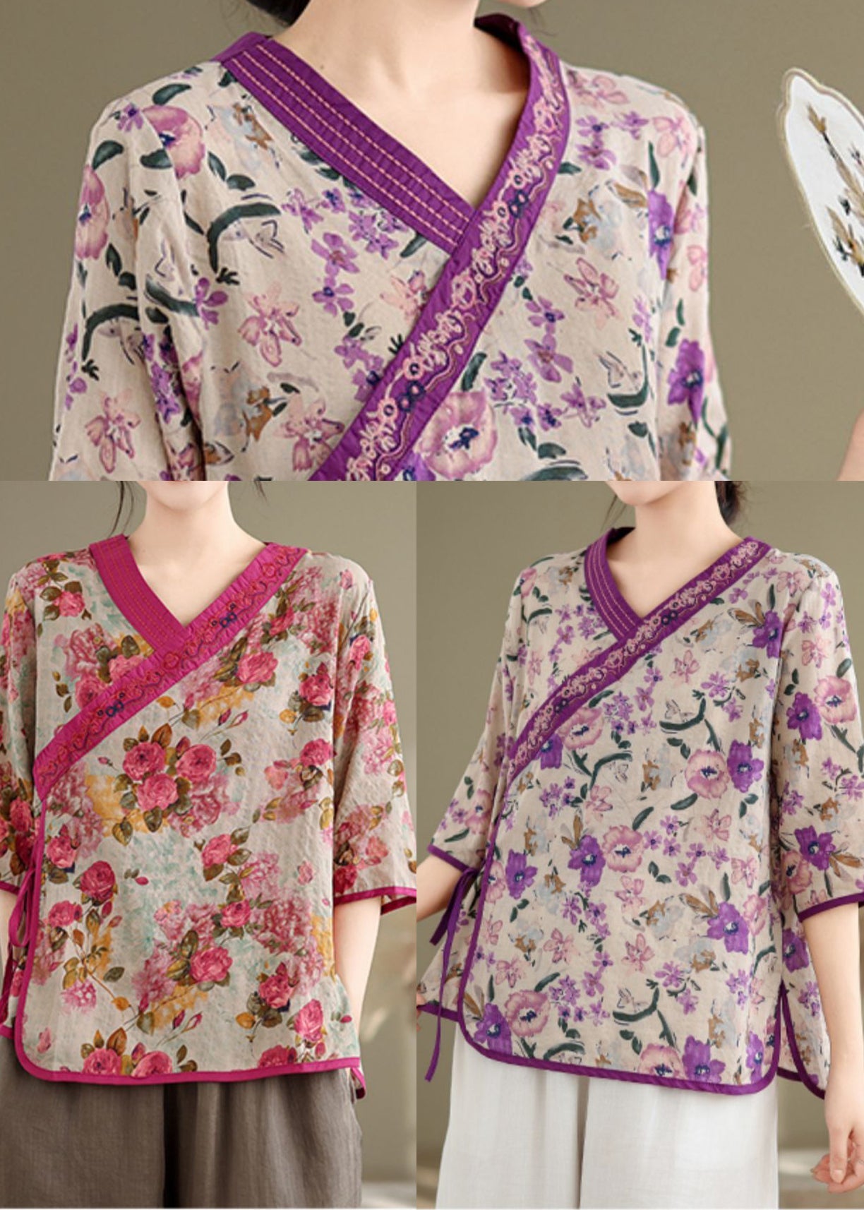 Art Red Embroidered Print Linen Top Half Sleeve