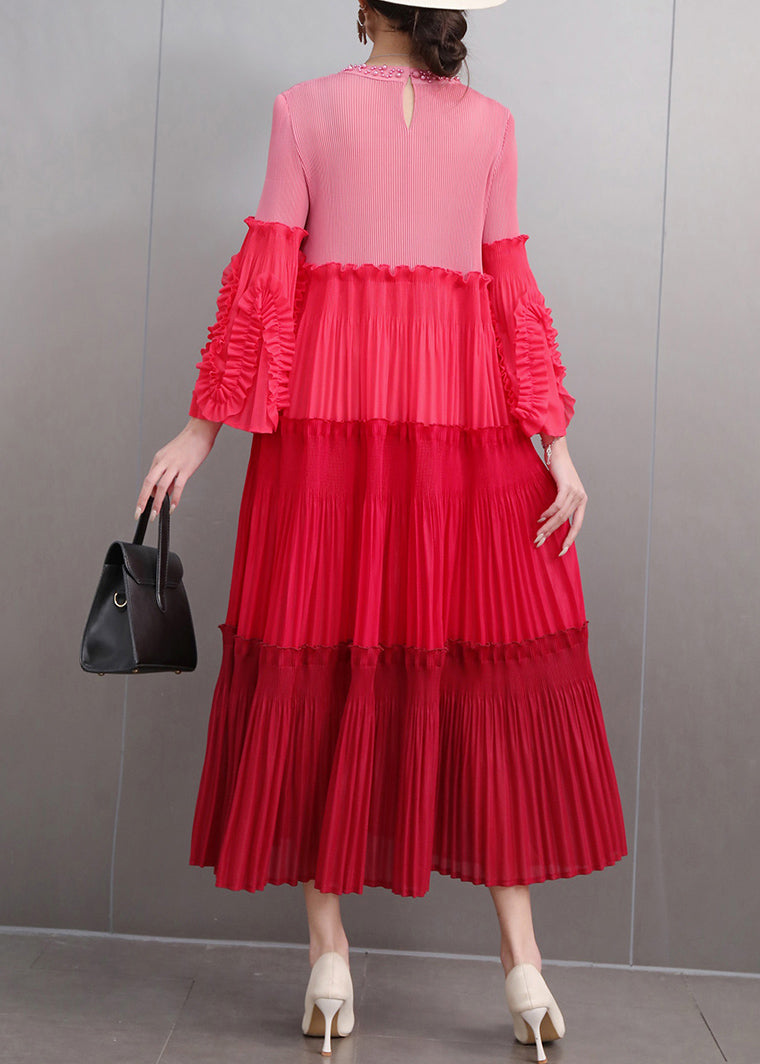 Art Red Nail Bead Wrinkled Patchwork Long Dresses Flare Sleeve