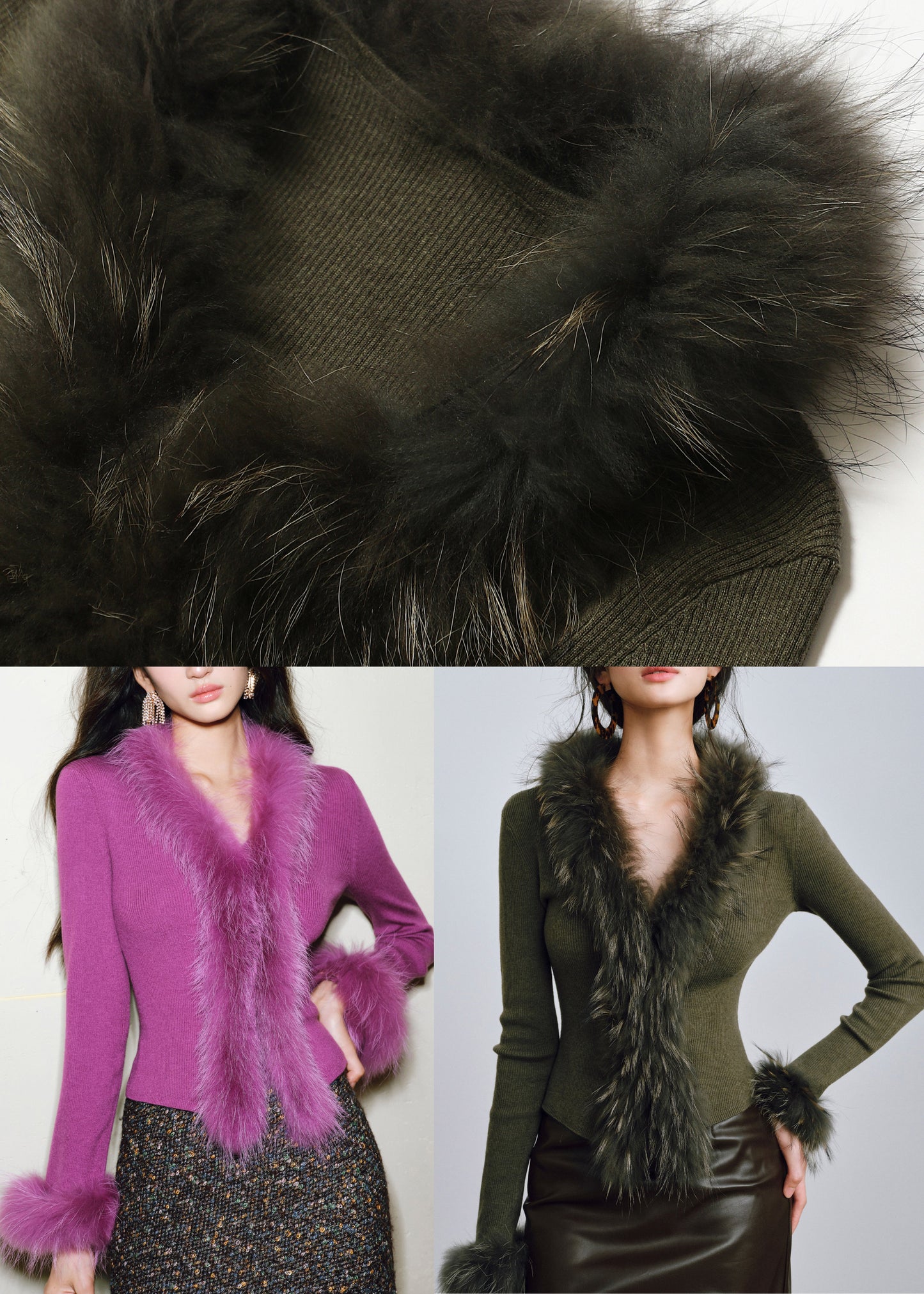 Top de punto de piel de zorro con cuello en V y patchwork de Art Rose para invierno