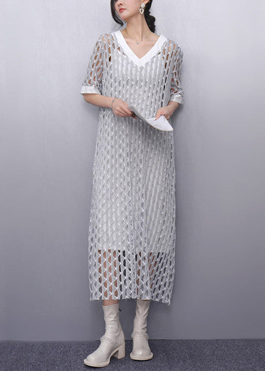 Art Silk V Neck Sheer Vacation Long Dresses Summer