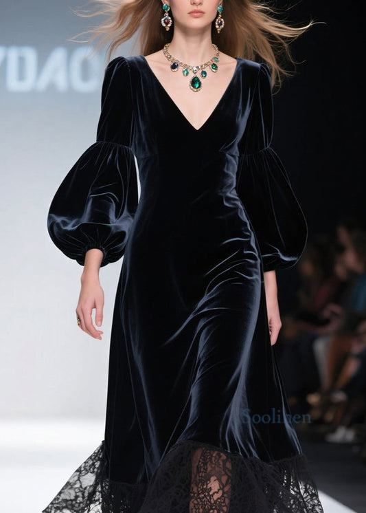 Vestidos largos de terciopelo con cuello en V, encaje y patchwork, mangas farol
