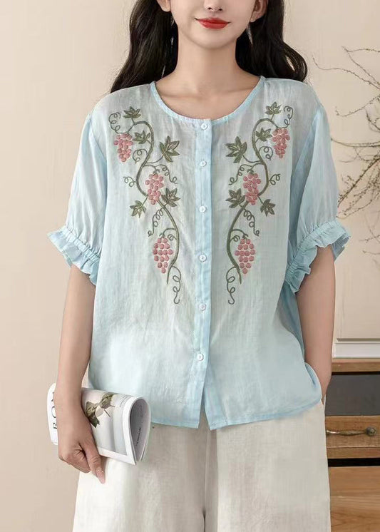 Art White Embroidered O-Neck Cotton Shirt Top Summer