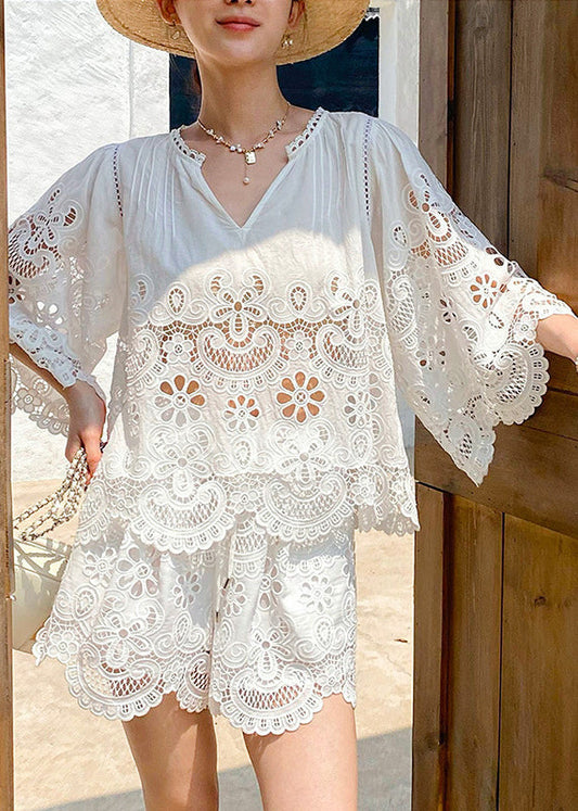 Art White Hollow Out Lace Two Piece Set Half Sleeve