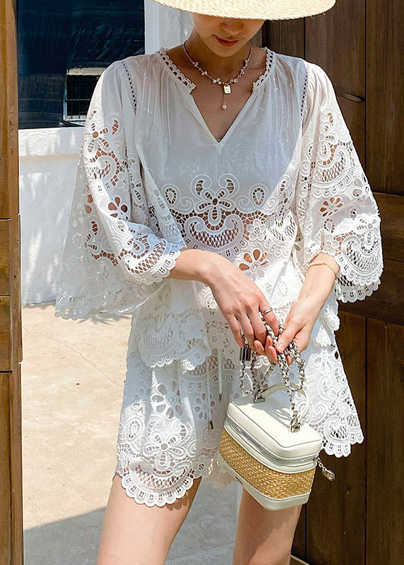 Art White Hollow Out Lace Two Piece Set Half Sleeve