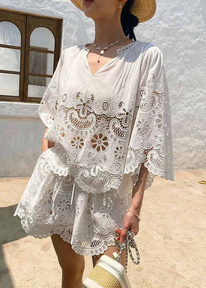 Art White Hollow Out Lace Two Piece Set Half Sleeve