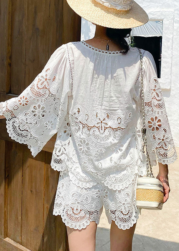 Art White Hollow Out Lace Two Piece Set Half Sleeve