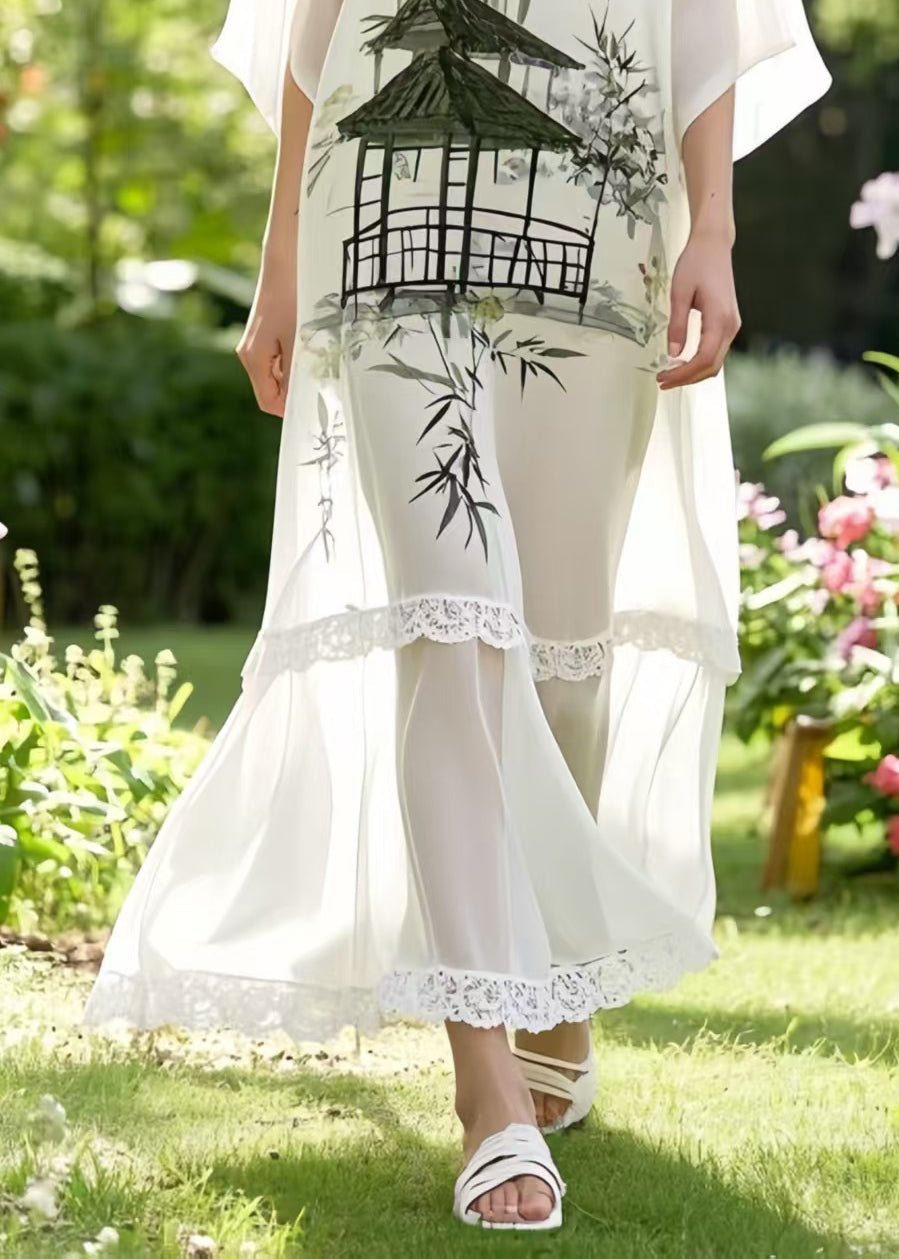 Art White Patchwork Draping Chiffon Maxi Dresses Summer