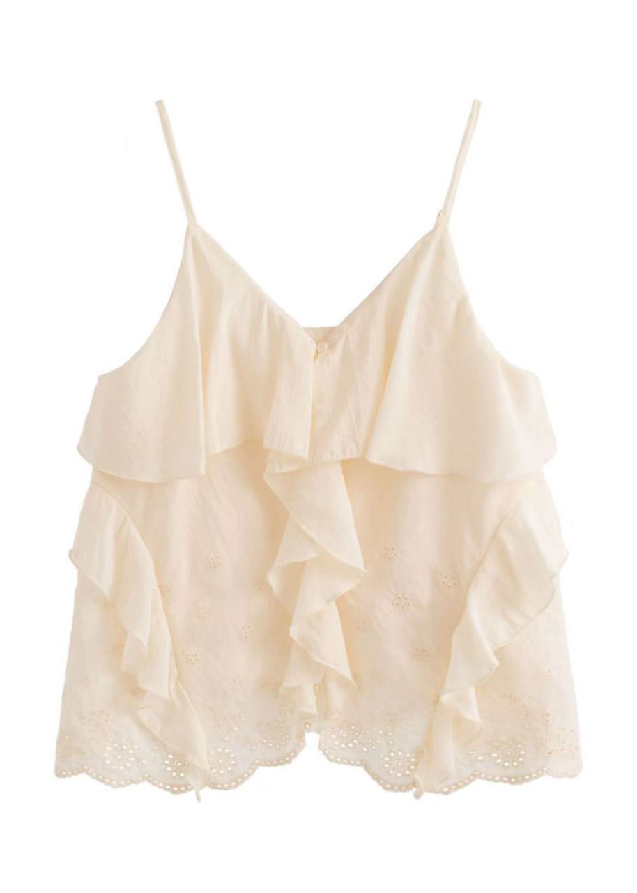 Art White Ruffled Cut Out Tank Tops Sleeveless