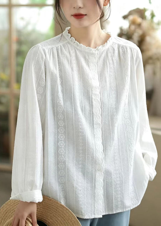 Art White Ruffled Embroidered Cotton Shirt Top Spring