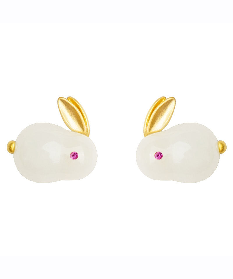 Art White Sterling Silber Overgilt Jade Kaninchen Ohrstecker