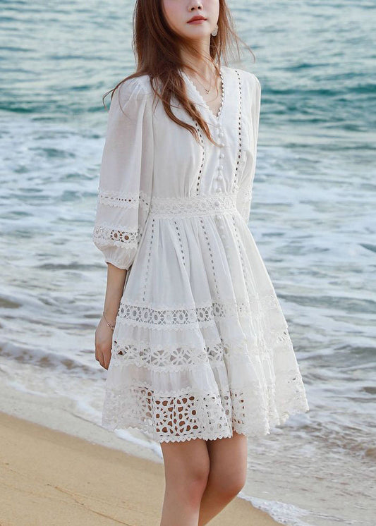 Art White V Neck Hollow Out Cotton Mid Dress Bracelet Sleeve