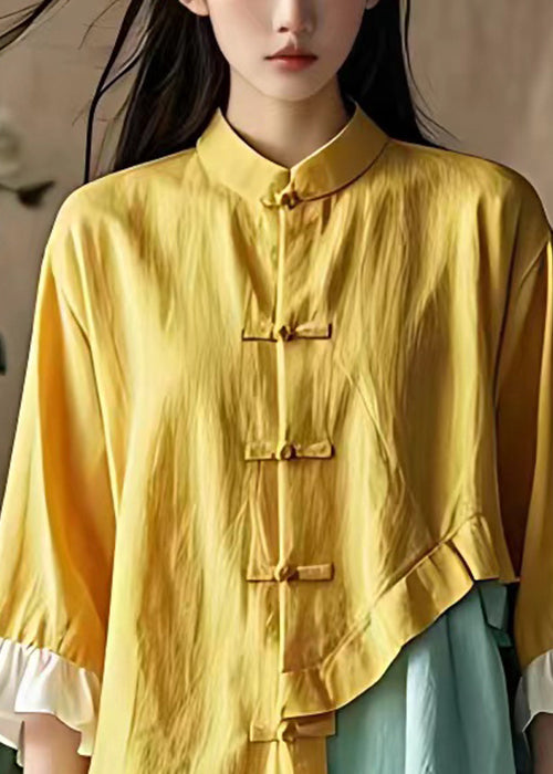 Art Gelbe asymmetrische Baumwollbluse mit Knopfleiste und Schmetterlingsärmeln