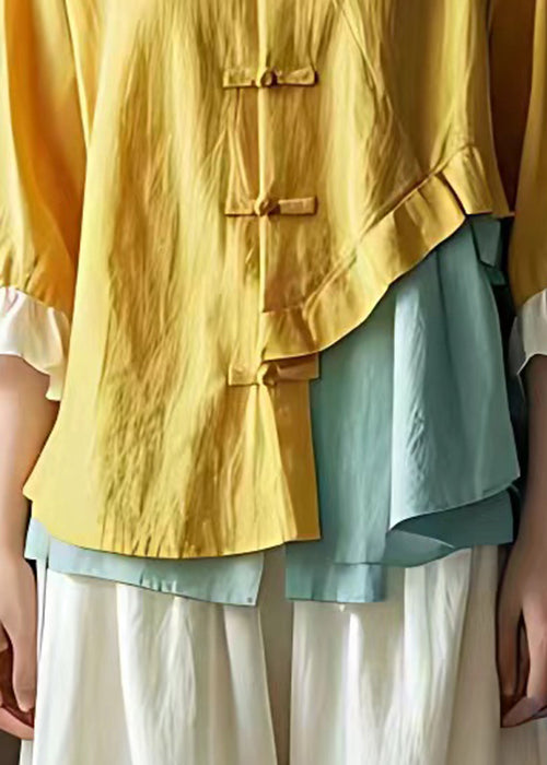 Art Gelbe asymmetrische Baumwollbluse mit Knopfleiste und Schmetterlingsärmeln
