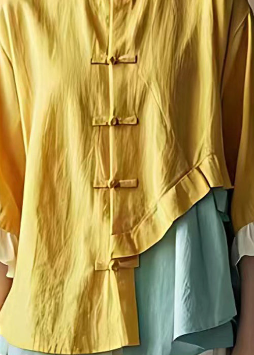 Art Gelbe asymmetrische Baumwollbluse mit Knopfleiste und Schmetterlingsärmeln