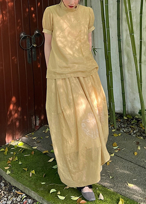 Art Yellow Lace Patchwork Tops And Skirts Two Pieces Set Summer