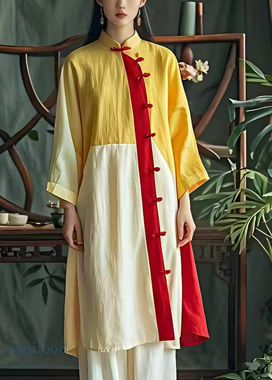 Art Gelb Mandarin Kragen Patchwork Leinen Orientalisches Kleid Sommer